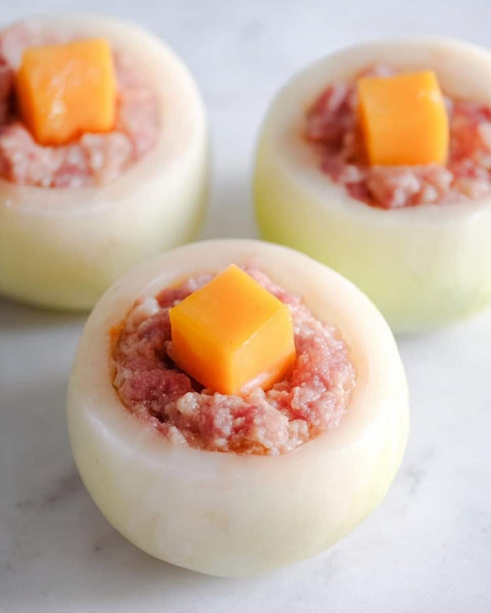 Three round, white peeled vegetables, each hollowed in the center and filled with a layer of pinkish ground meat mixture, topped with a single bright orange cube of cheese. The vegetables have a smooth, pale exterior with a slightly shiny surface, and the filling fits snugly inside the hollowed centers. They are arranged on a white marbled surface with one vegetable in the front and two slightly blurred in the back, creating a soft focus effect. photo taken with an iphone --ar 4:5 --v 7