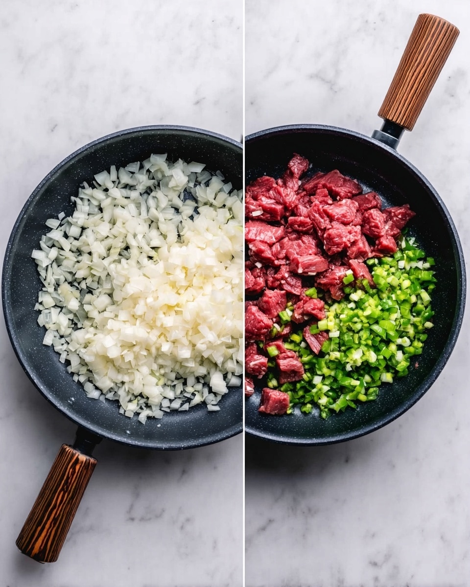 The image shows two black cooking pans with wooden handles on a white marbled surface. The pan on the left has one layer filled with finely chopped white onions that look soft and cooked. The pan on the right has three distinct layers: the bottom layer is the same finely chopped cooked white onions covering most of the pan, on top of the onions there are small cubes of red raw meat placed in the center, and finely chopped green peppers are arranged on the right side of the pan. Photo taken with an iphone --ar 4:5 --v 7