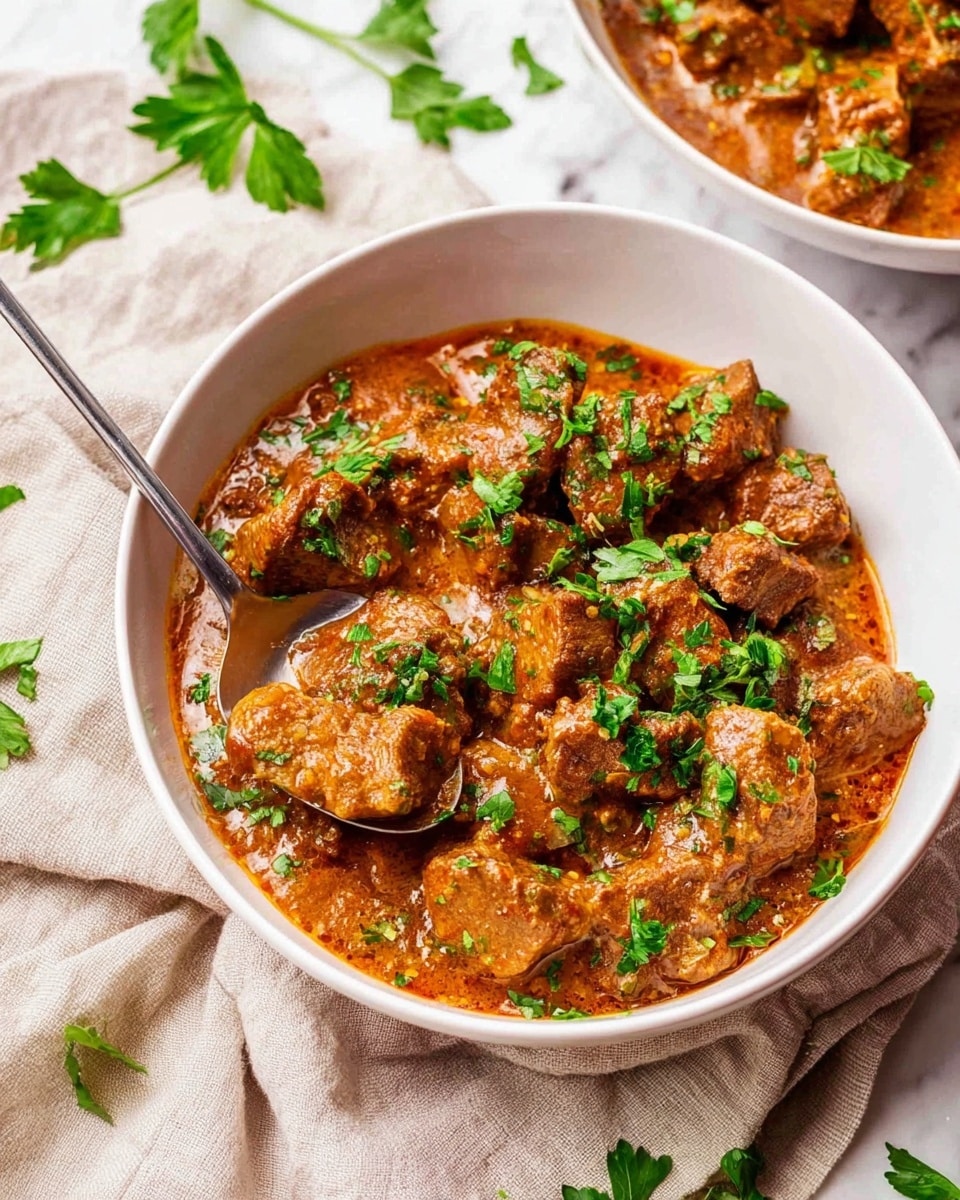 A white bowl filled with pieces of meat covered in thick, brownish-orange sauce with a slightly chunky texture, sprinkled with fresh green parsley leaves all over. A silver spoon rests inside the bowl, scooping some of the sauced meat, garnished with parsley. The bowl is set on a wrinkled light beige cloth on a white marbled surface, with some scattered fresh parsley leaves around. Another similar white bowl with the same dish is partly visible in the background, slightly out of focus. Photo taken with an iphone --ar 4:5 --v 7