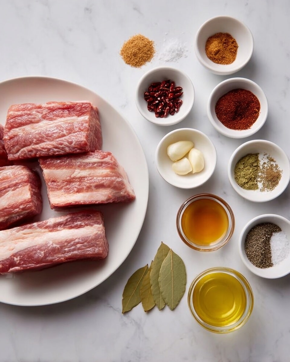 The image shows four thick pieces of raw meat with light fat layers, placed on a white plate on the left side. On the right side, there are ten small white bowls and glass containers arranged in a grid on a white marbled surface. These containers hold different ingredients: dark red dried chilies, light brown powder, white sliced garlic, dark brown powder, greenish dried herbs, light yellow liquid, amber golden liquid, clear pale yellow liquid, coarse black and white pepper mix, salt, and two green bay leaves. The arrangement is neat and organized, with a simple clean look. Photo taken with an iphone --ar 4:5 --v 7