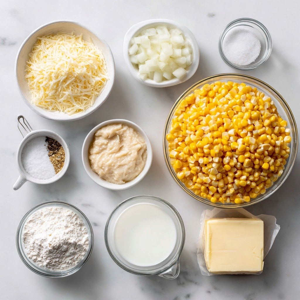 The image shows ingredients for a recipe arranged on a white marbled surface. There is a large glass bowl filled with bright yellow corn kernels at the bottom right. Above it is a small white bowl with chopped white onion pieces. To the right of the onion bowl is a small wrapped block of pale yellow butter. Above the butter is a small white bowl filled with pale roasted garlic paste. To the left of the butter is a metal measuring cup with shredded light beige Parmesan cheese. Below the corn and to the left is a small glass bowl with white flour. Above it is a glass measuring cup filled with white milk. Next to the milk is a small glass bowl of white cream. Above the cream is a small white bowl containing white granulated sugar. Below the sugar is a glass bowl with black pepper and salt labeled S&P. The setup is neat and the lighting is bright and clear, all on a white marbled surface photo taken with an iphone --ar 4:5 --v 7