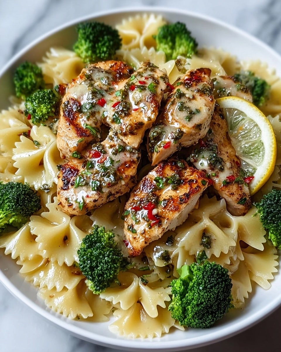 A white plate holds a serving of farfalle pasta with bright green broccoli florets scattered around the edges. On top, several pieces of golden-brown grilled chicken are layered, coated with a light creamy sauce mixed with herbs and small red chili flakes. A thin lemon slice rests near the broccoli, adding a splash of yellow. The dish looks fresh, with the chicken's slightly crispy texture contrasting with the smooth sauce and tender pasta. The background is a white marbled surface. photo taken with an iphone --ar 4:5 --v 7