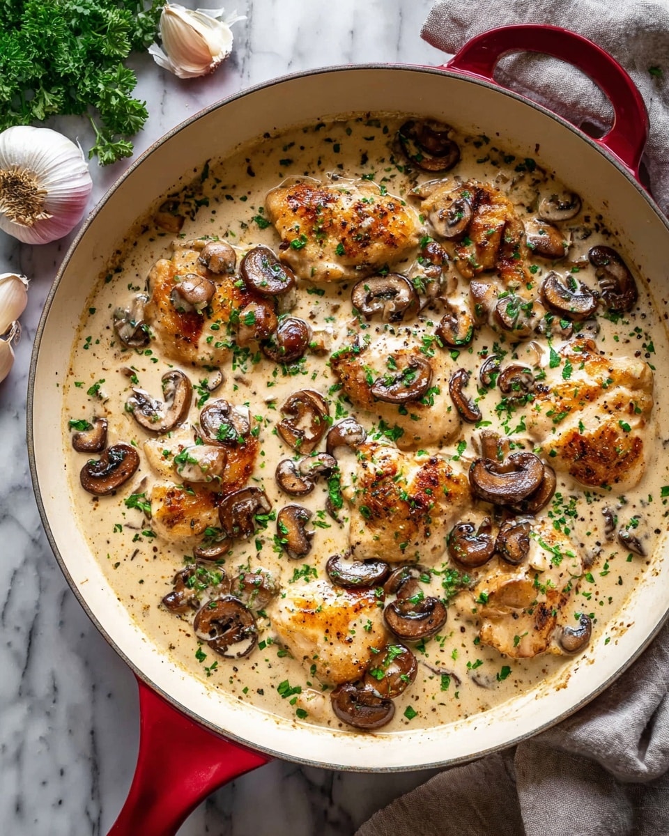 A white skillet with a red handle filled with a creamy beige sauce that covers several golden brown cooked chicken pieces. Dark brown sautéed mushroom slices are scattered evenly on top and around the chicken. Finely chopped green herbs are sprinkled across the dish, adding spots of color contrast. The skillet sits on a white marbled surface with some garlic cloves and green parsley in the upper left corner, and a pale gray cloth partially under the skillet handle. The sauce has a smooth, rich texture with visible black pepper flecks. Photo taken with an iphone --ar 4:5 --v 7