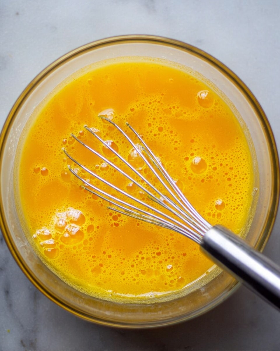 The image shows a clear glass bowl filled with a bright yellow-orange liquid mixture, which looks frothy with bubbles on the surface. A shiny metal whisk with a spiral head is resting inside the bowl, partially submerged in the liquid. The bowl is placed on a white marbled surface, creating a clean and bright background that highlights the vivid color of the mixture. The whisk handle extends out of the bowl, positioned towards the right side of the image. photo taken with an iphone --ar 4:5 --v 7
