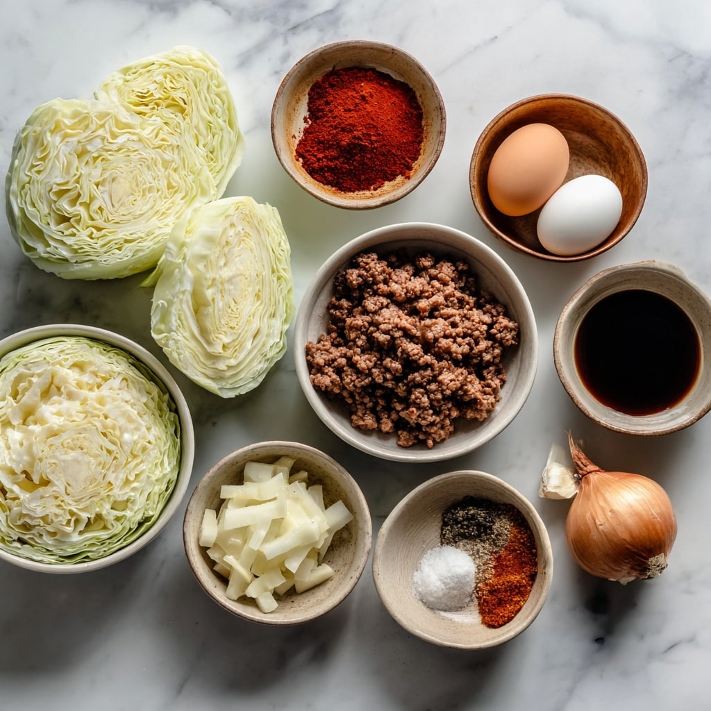 The image shows six stuffed cabbage cups arranged in two rows on a black baking tray placed on a white marbled surface. Each cup has three layers: the bottom layer is light green cabbage leaves with slightly browned, crispy edges; the middle layer is a round, thick, brown meat patty with a juicy texture; the top layer is melted white cheese that covers the patty and drips slightly down the sides. Each cup is garnished with small, bright green parsley leaves on top, adding a fresh touch to the dish. The scene is close up and focused mainly on the front three cabbage cups, with the background softly blurred. photo taken with an iphone --ar 4:5 --v 7