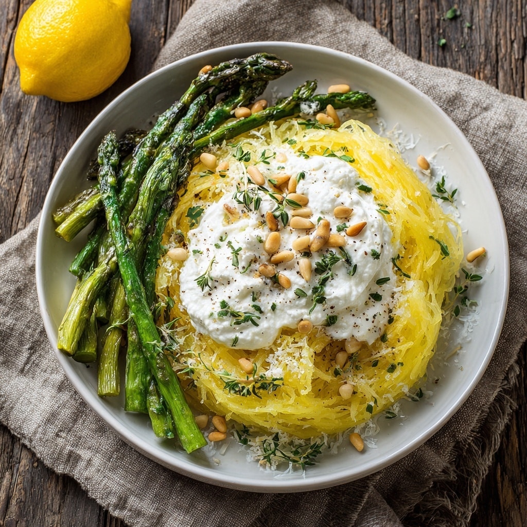 The image shows two plates of food on a white marbled surface. The main dish is on a large white oval plate with a green floral pattern. It contains light yellow spaghetti squash strands mixed with bright green asparagus pieces and sprinkled with small golden pine nuts. The top plate is round and white, holding a smaller portion of the same spaghetti squash strands, with a few pine nuts and a green garnish on top. Photo taken with an iphone --ar 4:5 --v 7