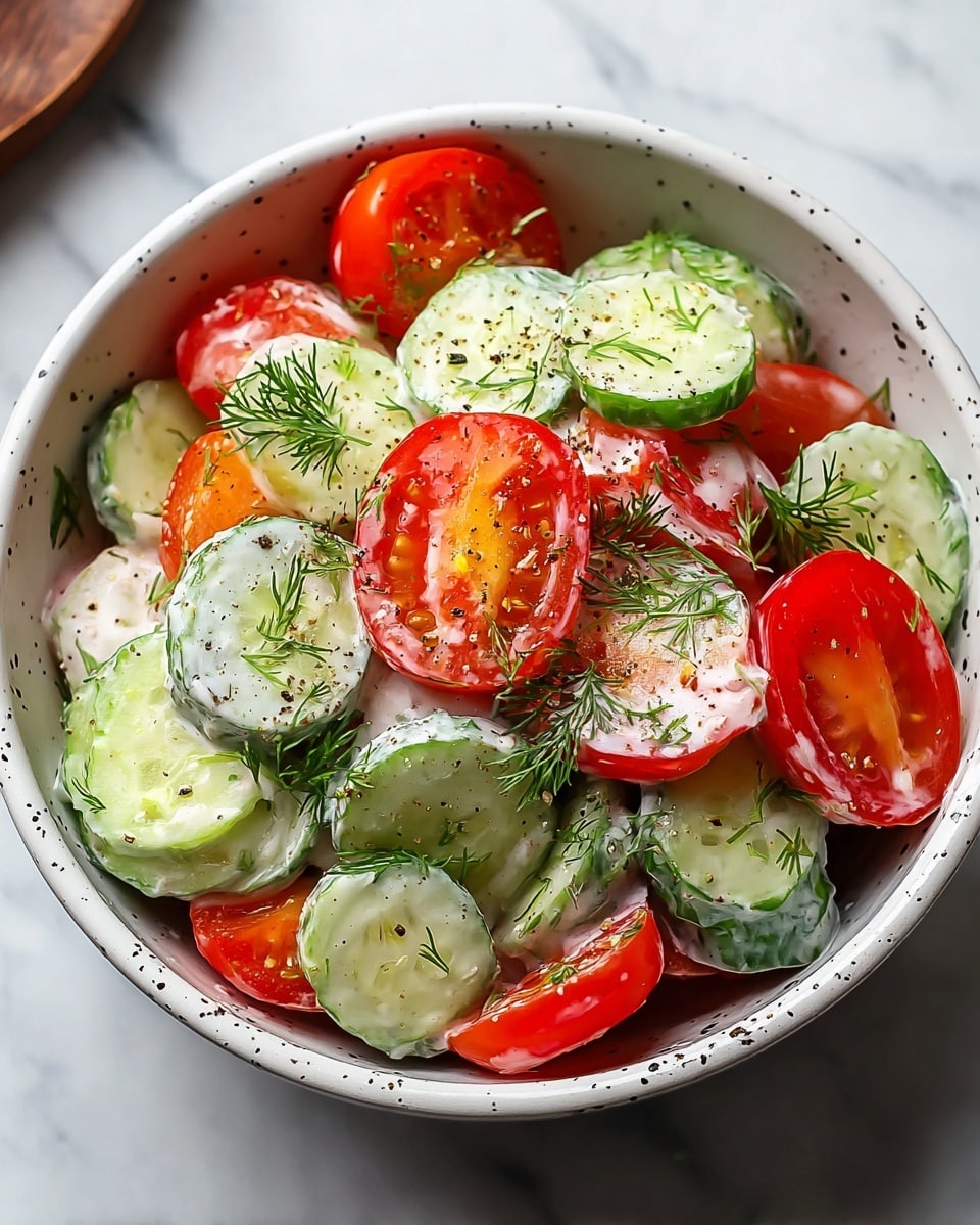 A bowl filled with a fresh salad showing about two layers. The first layer is made of bright red tomato halves with smooth, juicy texture and visible seeds in the center. Mixed closely with the tomatoes are slices of green cucumbers, round and shining with a slightly translucent look. A creamy white dressing is spread unevenly across the vegetables, with small bits of green herbs mixed in. Black pepper flakes are sprinkled on top. A small dill sprig lays gently on the surface for decoration. The bowl is white with small dark specks, sitting on a white marbled surface. Photo taken with an iphone --ar 4:5 --v 7