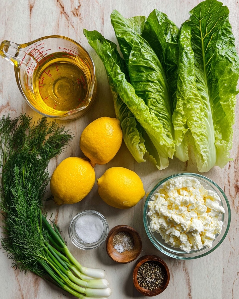The image shows fresh ingredients placed on a wooden surface. On the top left is a clear glass measuring cup filled with golden olive oil. To its right is a group of long green romaine lettuce leaves with visible texture and veins. Below the olive oil are two bright yellow lemons and a small clear glass bowl filled with white crumbled cheese. Scattered around are green spring onions, a small bunch of fresh dill with feathery leaves, and two small bowls containing salt and black pepper. The whole setup is neat and colorful, set on a white marbled textured background. photo taken with an iphone --ar 4:5 --v 7