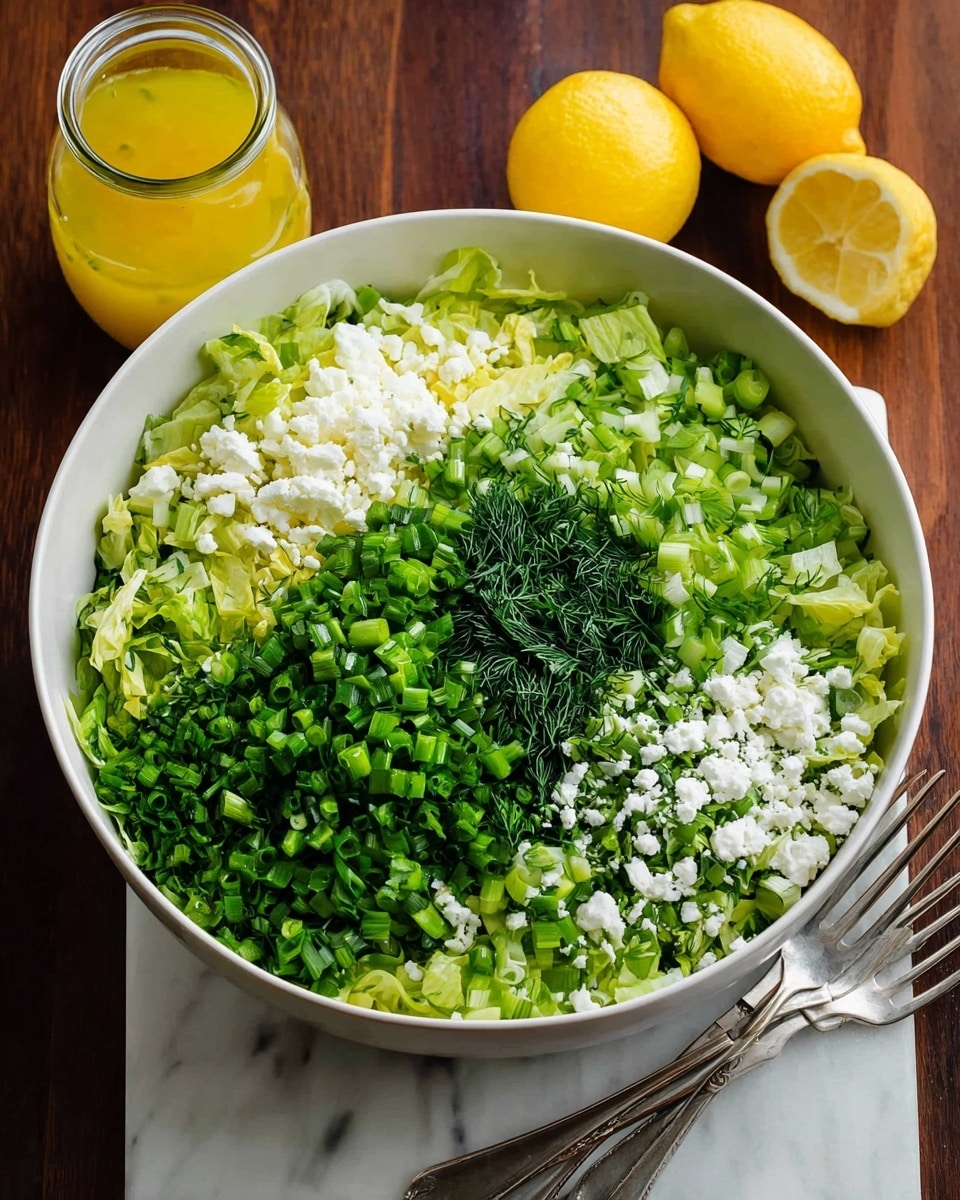 A large white bowl holds a fresh salad with four distinct layers visible from above: finely chopped light green lettuce covering the base, a large pile of finely chopped dark green scallions on the left, a spreading of fresh dark green dill in the bottom center, and a scattering of white crumbly cheese mixed with chopped light green scallions on the right. In the background, a clear glass jar filled with bright yellow dressing and two halved lemons rest on a dark wooden surface. Two metal forks lie near the bottom right outside the bowl on the dark wood, all on a white marbled surface. Photo taken with an iphone --ar 4:5 --v 7