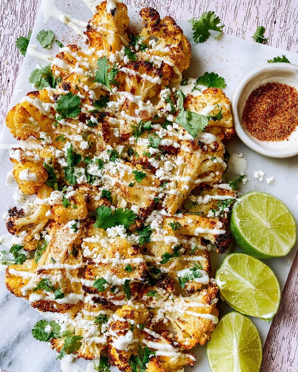 The dish is a pile of golden-brown roasted cauliflower pieces spread out on a white marbled surface. The cauliflower is topped with white drizzled sauce and sprinkled white crumbly cheese. Bright green fresh cilantro leaves are scattered over the top, adding contrast. On the right side, there are two lime halves showing juicy pale green inside, with a small white bowl filled with reddish-brown seasoning beside them. The cauliflower has a slight char with crispy edges and a soft, textured center. photo taken with an iphone --ar 4:5 --v 7