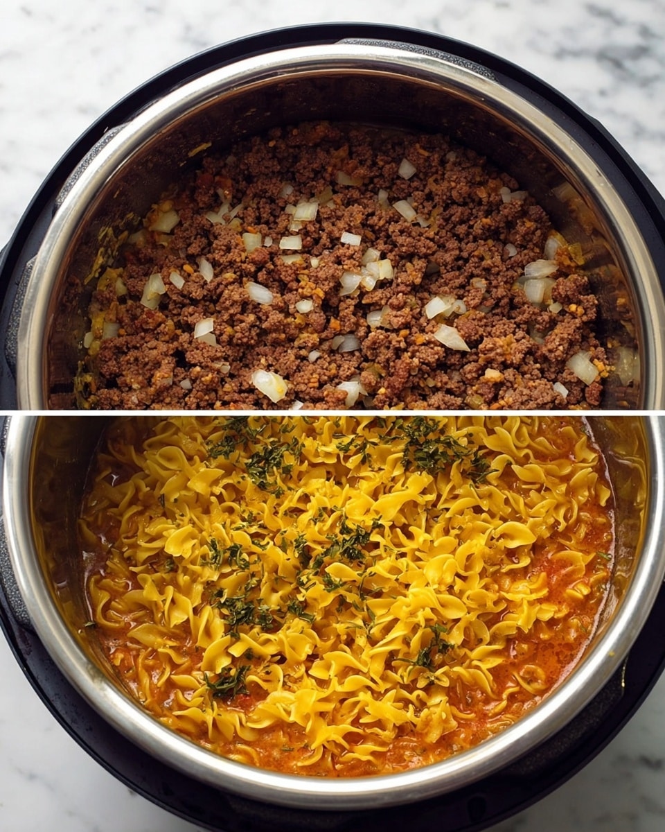 The image shows two layers inside a silver pot. The top layer is cooked ground meat mixed with small pieces of finely chopped white onion, covering the whole bottom of the pot in a crumbly brown and white texture. The second layer is yellow wavy pasta submerged in a reddish-orange liquid, with visible green herbs sprinkled on top. The background is a white marbled surface. photo taken with an iphone --ar 4:5 --v 7
