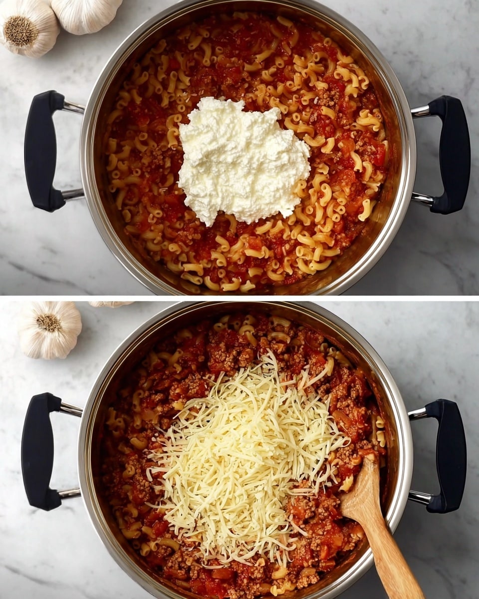 The image shows two top-down views inside a silver pot of cooked curly pasta mixed with a chunky red sauce containing visible tomato pieces and ground meat. In the top photo, there is a large dollop of white ricotta cheese on top of the pasta sauce, with a wooden spoon resting inside the pot on the right side. In the bottom photo, the ricotta is no longer visible, instead a layer of shredded light yellow cheese is evenly spread across the pasta and sauce mixture. The pot has black handles and sits on a white marbled surface with garlic bulbs seen in the top left corner. photo taken with an iphone --ar 4:5 --v 7
