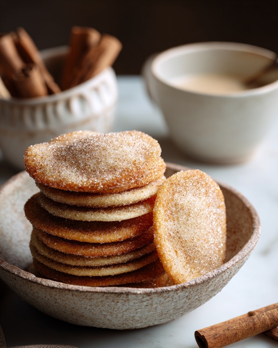 A stack of thin, round golden-brown cookies with a sugary coating is placed inside a white bowl with a textured surface. Each cookie layer shows a slightly crispy edge with a rough sugary texture on top. The stack leans slightly, with one cookie resting against the side of the bowl. Behind the bowl, there is a white cup with a floral pattern and a white small bowl containing cinnamon sticks on a white marbled surface. The lighting is warm and soft, emphasizing the crunchy texture of the cookies. Photo taken with an iphone --ar 4:5 --v 7