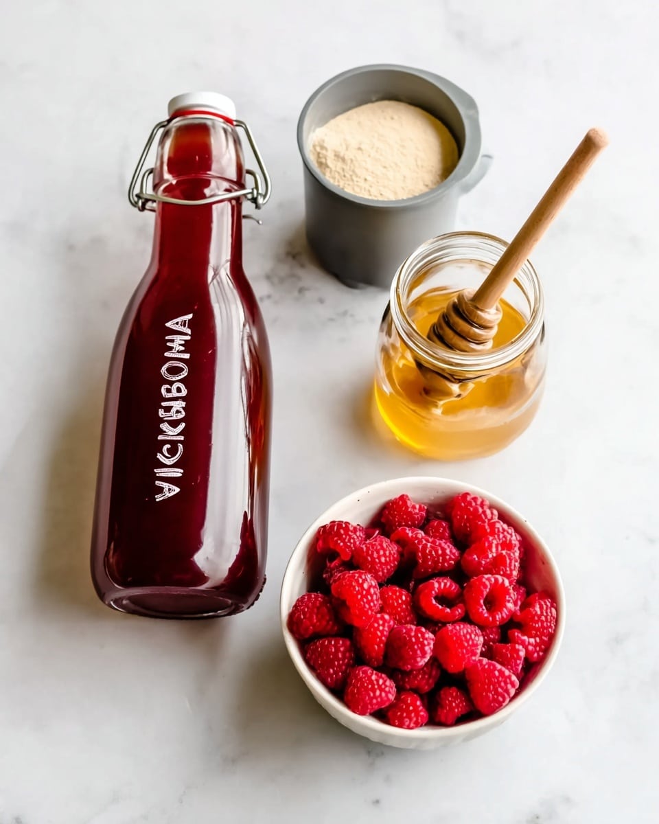 A clear glass bottle filled with dark red kombucha lies on a white marbled surface, the bottle has a metal clasp and the word