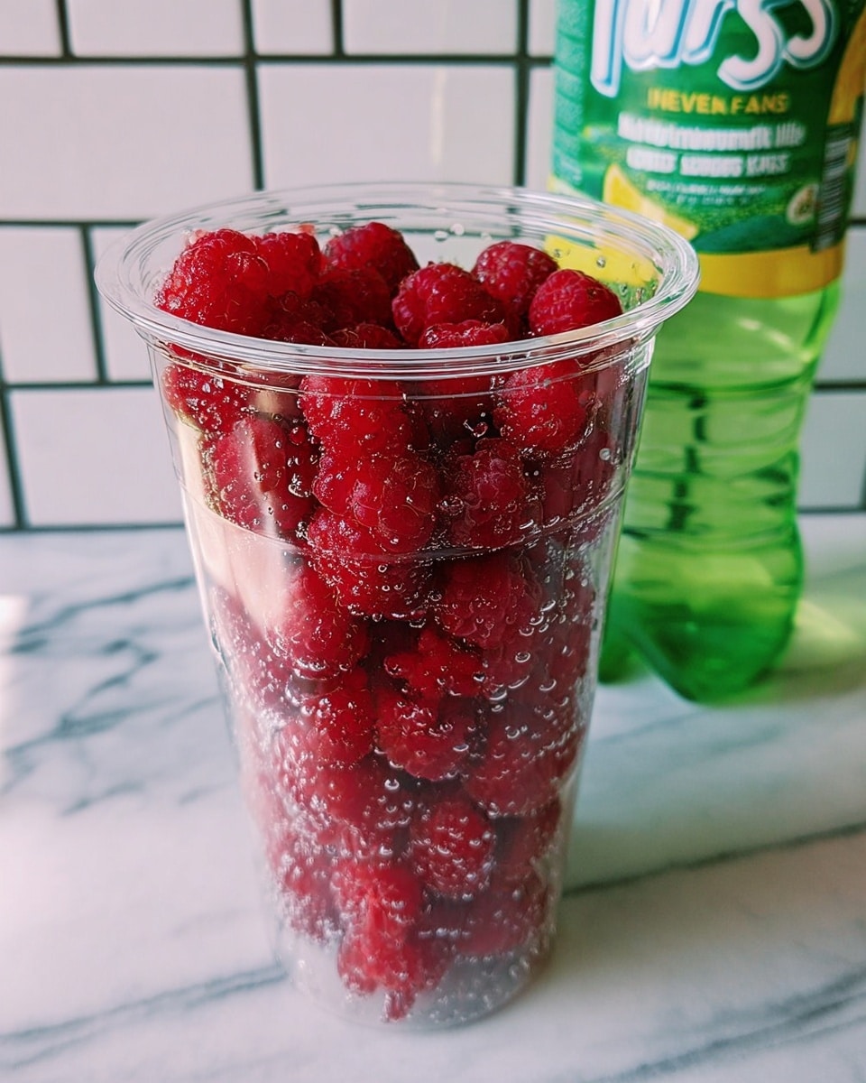 A tall clear plastic cup filled to the top with bright red raspberries, showing their bumpy texture and some bubbles on the surface, standing on a white marbled surface with a clear grid tile wall in the background, and a green lemon-lime soda bottle partly visible behind the cup, creating a fresh and colorful scene. photo taken with an iphone --ar 4:5 --v 7
