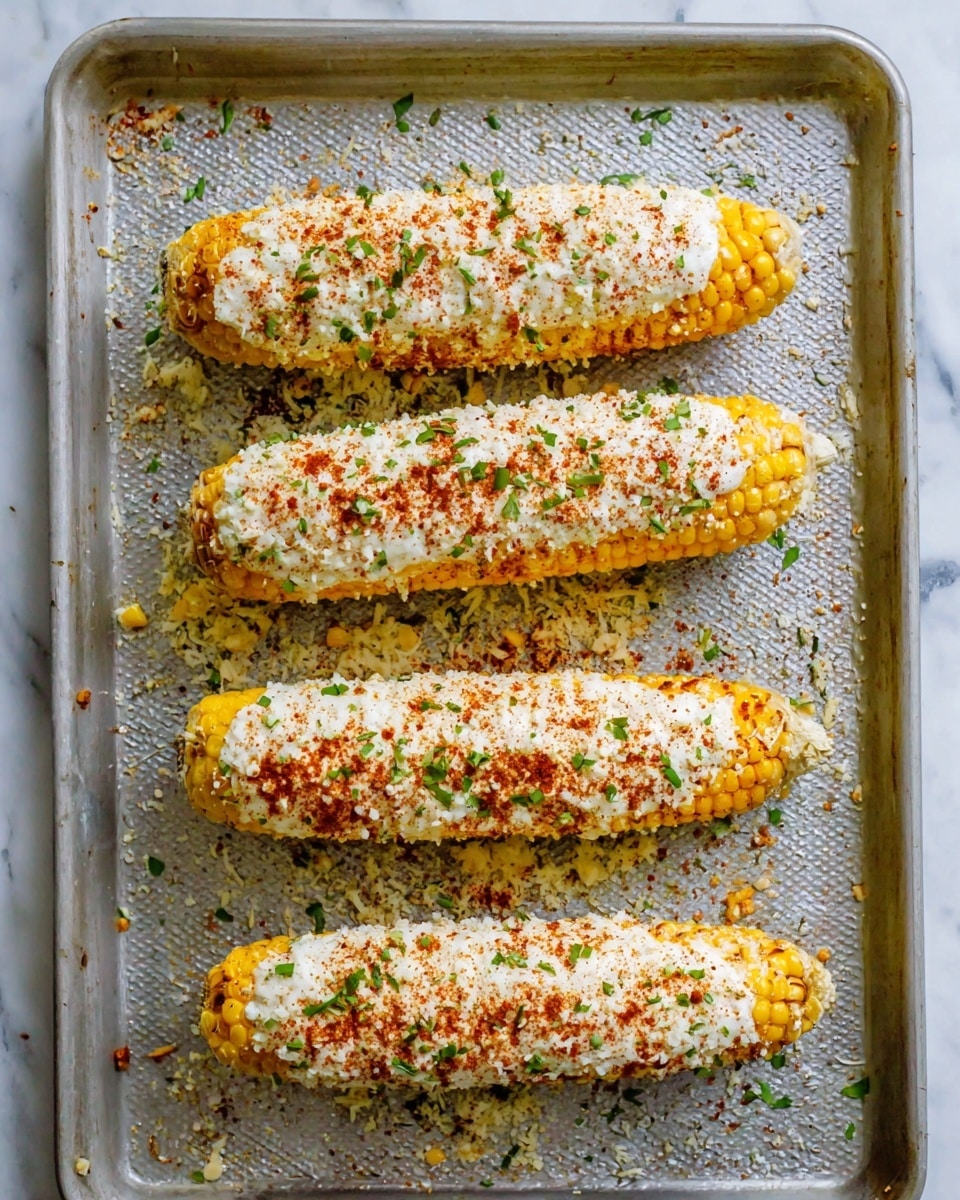 The image shows four ears of corn placed side by side on a textured silver baking sheet. Each corn cob is fully covered with a creamy, white layer that looks like cheese or sauce, sprinkled generously with reddish-brown seasoning and small flecks of green herbs. The corn kernels are visible under the toppings, showing a bright yellow color. There are some scattered bits of cheese and seasoning on the baking sheet around the corn. The background underneath the baking sheet has a white marbled texture. photo taken with an iphone --ar 4:5 --v 7