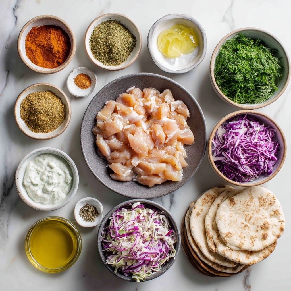The image shows three flatbreads stacked closely together on a white marbled surface. Each flatbread is topped with layers starting with green shredded lettuce, then strips of purple cabbage adding a pop of color. On top, there are slices of grilled chicken with a golden-brown and slightly charred texture. Small chunks of fresh red tomato and green cucumber pieces are scattered evenly across the flatbreads. A creamy white sauce is drizzled generously over the toppings, with a sprinkle of finely chopped green herbs adding a fresh touch. The whole presentation looks colorful and textured, with a mix of soft, crispy, and fresh elements. photo taken with an iphone --ar 4:5 --v 7