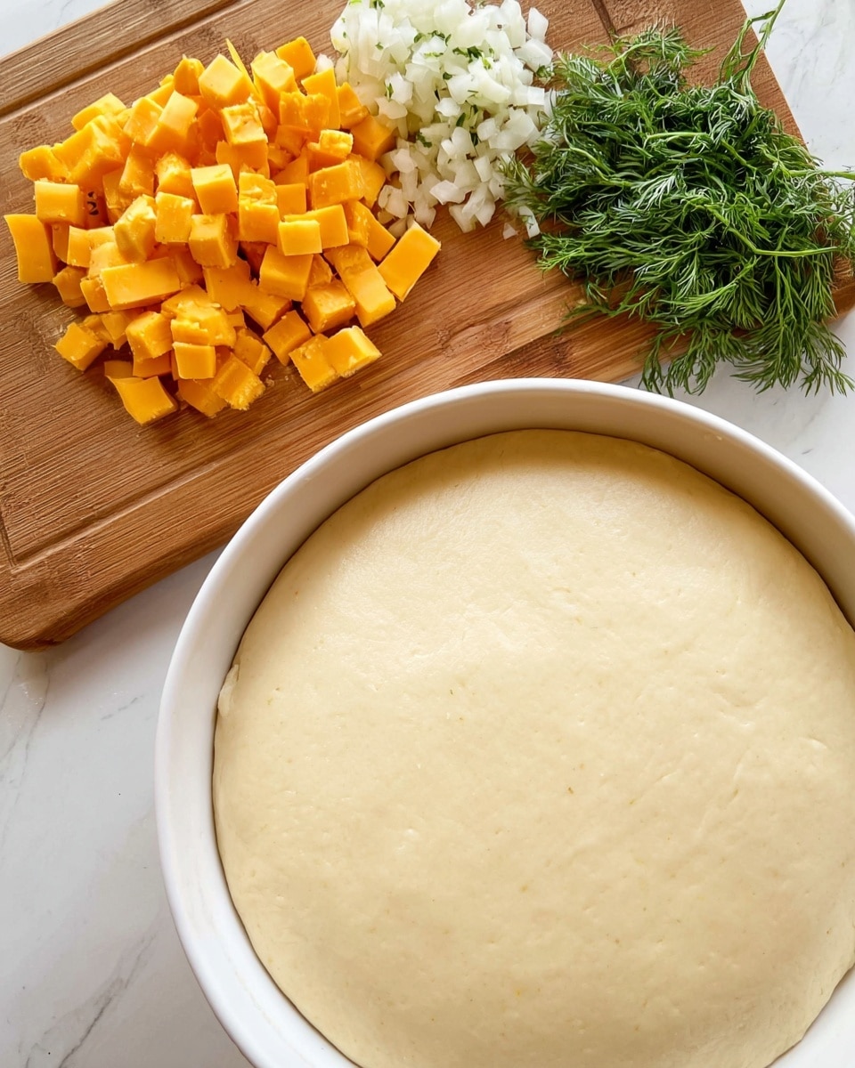 A round white bowl holds a smooth light beige dough layer that fills it completely with a slightly shiny surface and soft texture; behind the bowl, on a wooden cutting board placed on a white marbled surface, there are three piles: bright orange cheddar cheese cubes neatly stacked, finely chopped white garlic or onion, and a small bunch of fresh green dill leaves arranged close together, showcasing a fresh, colorful mix of ingredients ready for use photo taken with an iphone --ar 4:5 --v 7