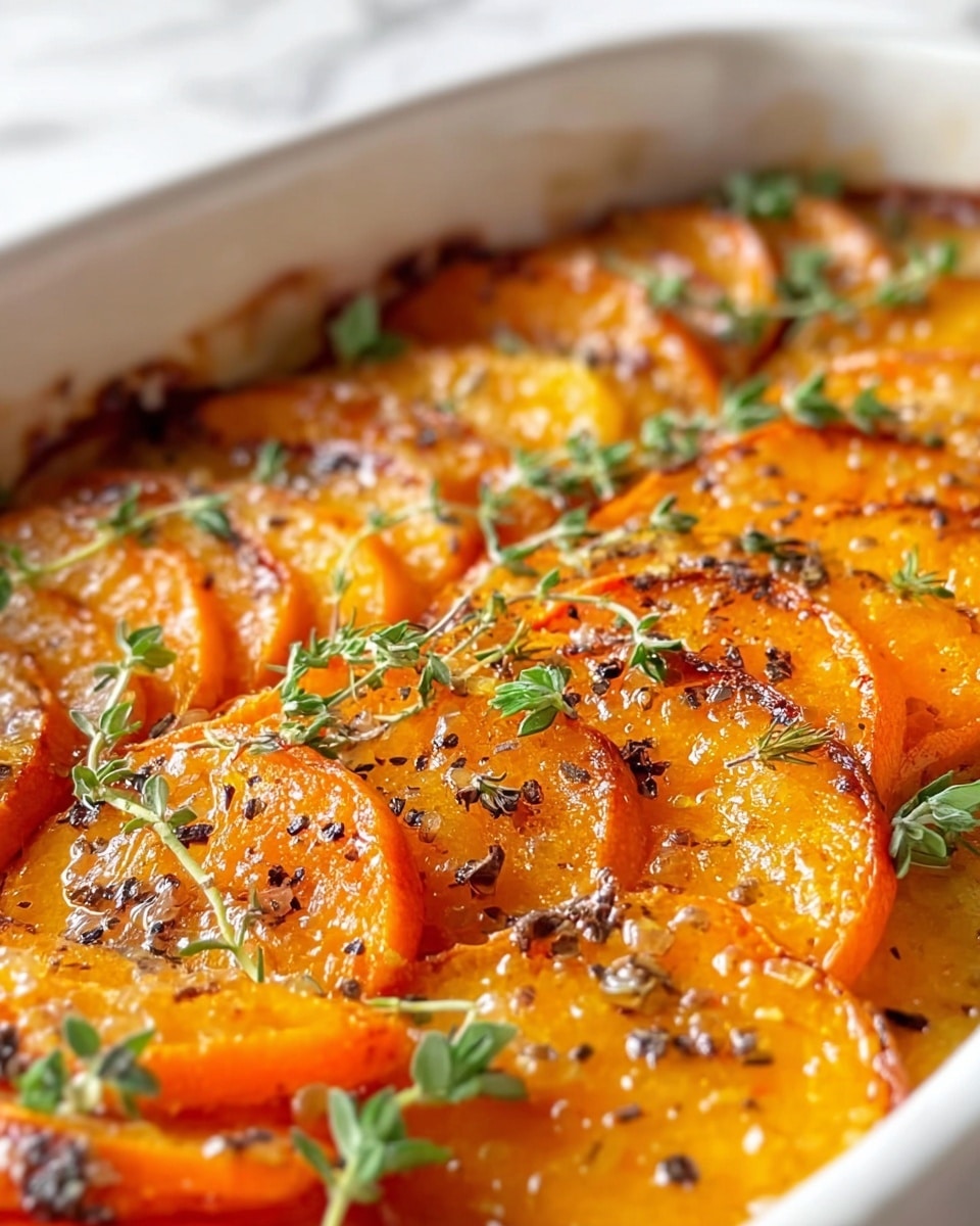 A white baking dish filled with a layered sweet potato casserole, showing thin orange sweet potato slices on top that are slightly browned and caramelized around the edges. The top layer is sprinkled with green chopped herbs and small crispy golden brown bits that look like toasted crumbs, creating a textured surface. The casserole has a warm orange and golden color mix, with a creamy base visible between the slices. The dish sits on a wooden table with a blurry blue and white cloth in the background. Photo taken with an iphone --ar 4:5 --v 7