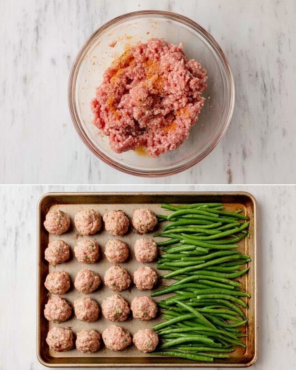 The first image shows a clear glass bowl with a mix of raw ground meat and spices, placed on a white marbled surface. The texture of the mixture looks soft and chunky with a pinkish color and some orange bits. The second image shows a baking tray filled with evenly spaced raw meatballs arranged in four rows at the top, and fresh green beans spread loosely at the bottom. The tray is on a white marbled surface, and the meatballs have a light pink color while the green beans are vibrant green. photo taken with an iphone --ar 4:5 --v 7