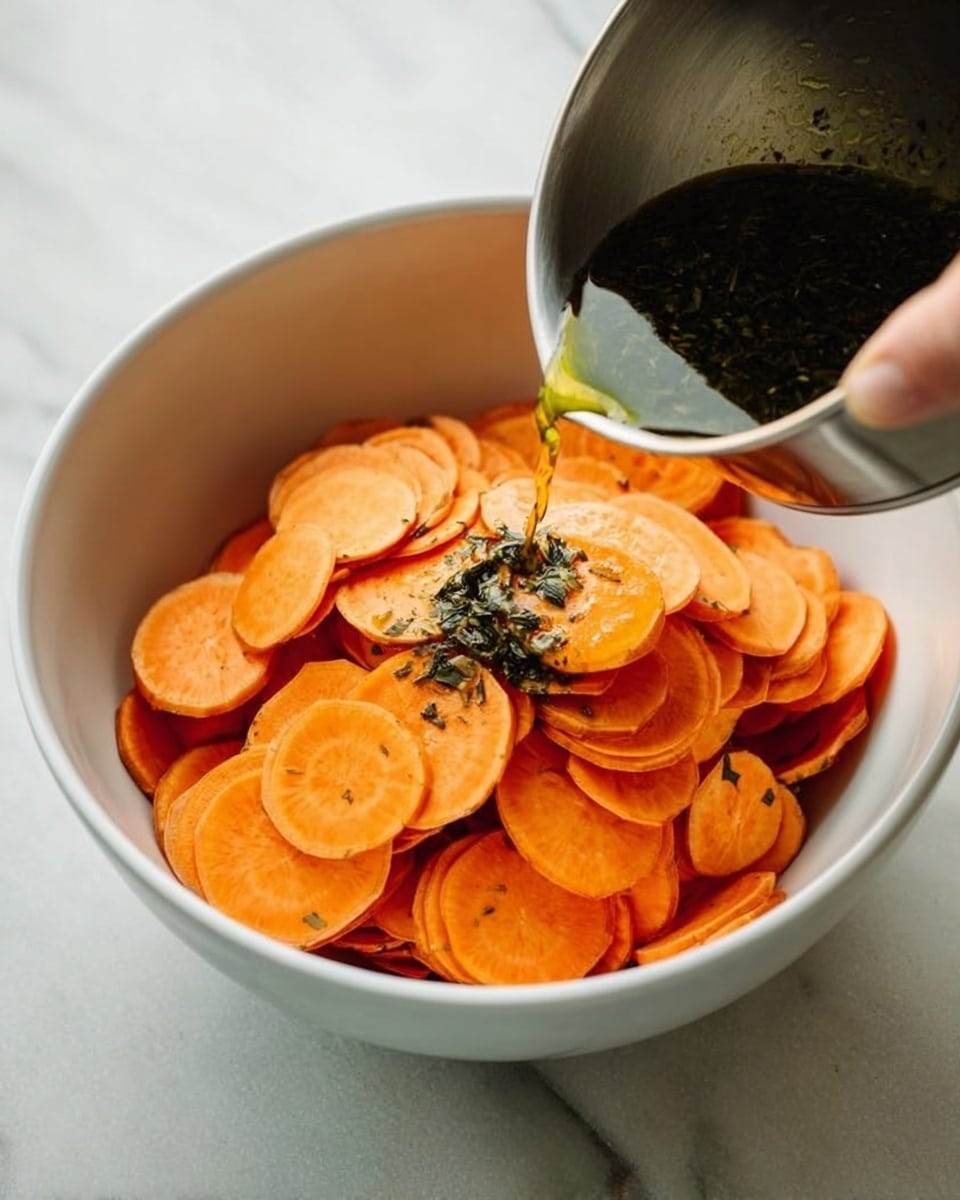 A white bowl filled with many thin, round slices of bright orange sweet potatoes stacked loosely inside. A metal container held by a woman's hand is pouring a greenish oil with dark herbs over the sweet potato slices. The bowl sits on a white marbled surface, and the scene captures a simple, fresh moment of preparing the dish. photo taken with an iphone --ar 4:5 --v 7