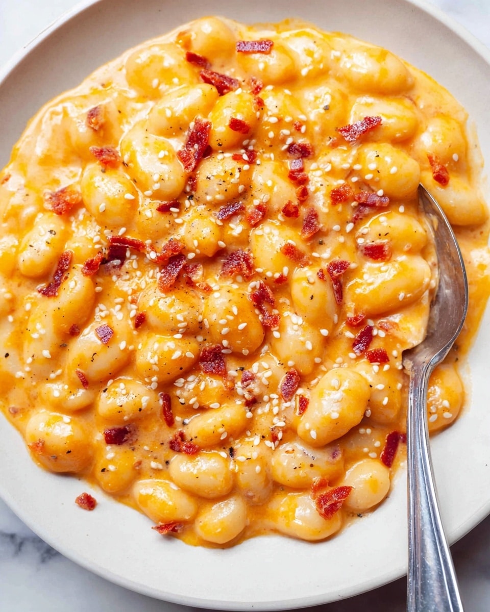 A close-up view of one layer of creamy, orange cheese sauce mixed with small, white gnocchi pieces, spread evenly on a white plate. Scattered on top are small, red, crispy bits that add texture, along with light white sesame seeds sprinkled throughout. A silver spoon with a shiny handle rests on the right edge of the plate, partially touching the dish. The background is a white marbled surface. photo taken with an iphone --ar 4:5 --v 7