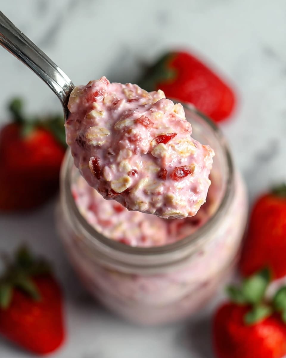 A spoon full of creamy pink mixture with visible pieces of red strawberry and oat flakes is held above a glass jar, which is also filled with the same pink mixture showing layers of oats and strawberry bits. Around the jar, fresh whole strawberries are placed on a white marbled surface, adding vibrant red color to the scene. The texture of the mixture looks soft and slightly chunky with a mix of smooth cream and fruit pieces. photo taken with an iphone --ar 4:5 --v 7