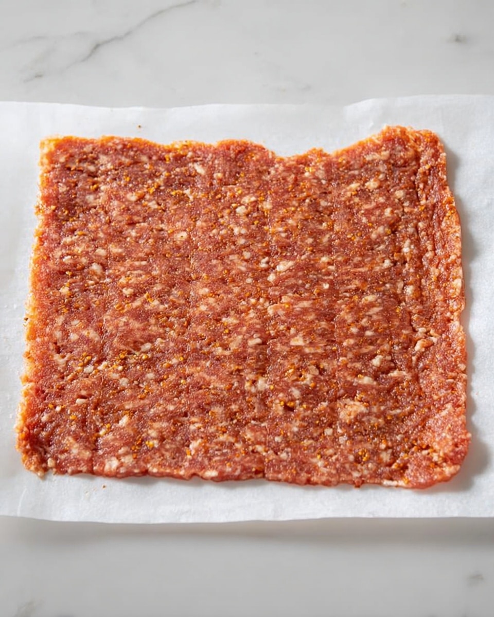 A thin, rectangular layer of raw ground meat spread evenly on a white paper sheet, showing a reddish-brown color with small bits of white fat and seasoning visible throughout. The meat is pressed flat and occupies almost the entire piece of paper, laid on a white marbled surface. The texture looks moist and slightly crumbly, and the edges are uneven, with one side having some rough torn parts. photo taken with an iphone --ar 4:5 --v 7