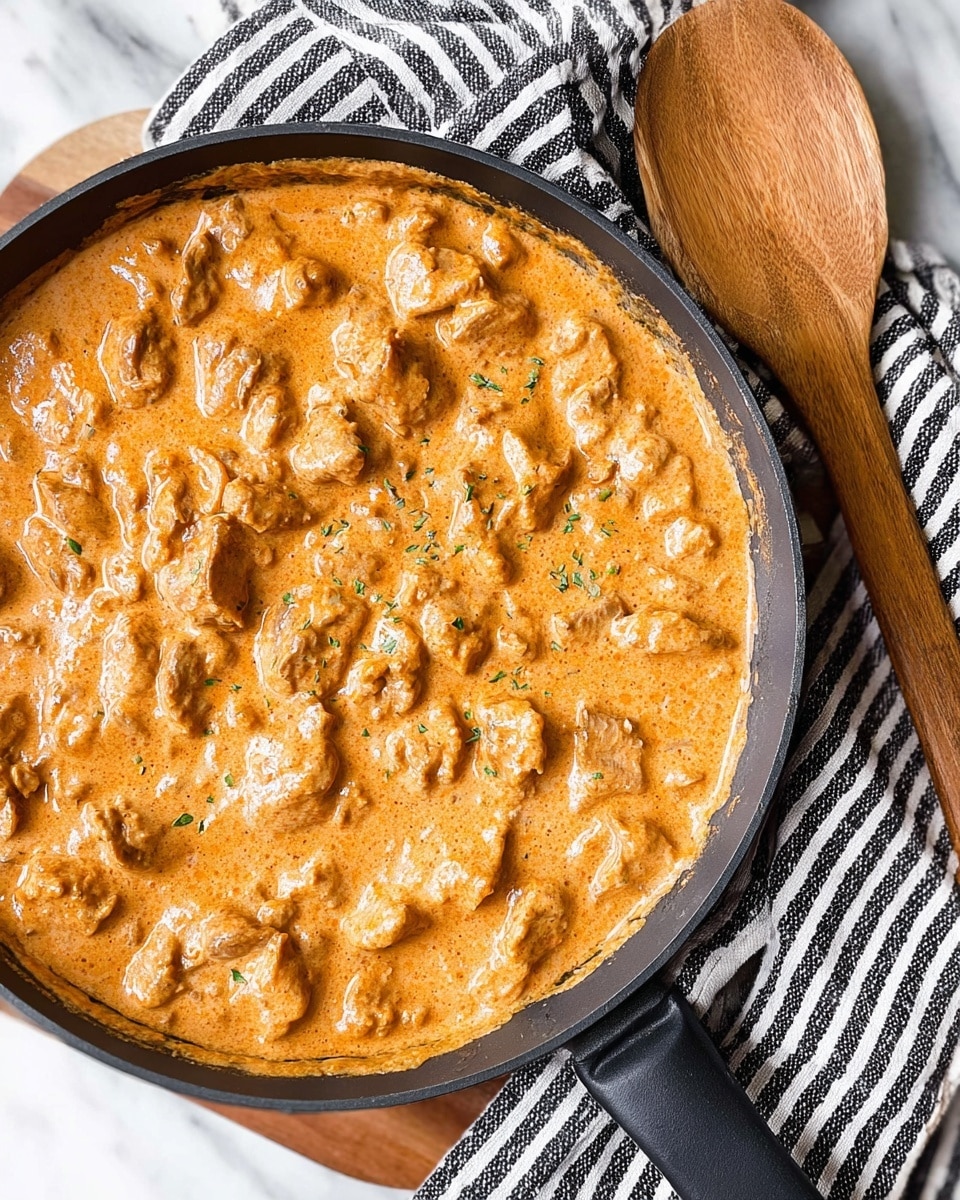 A close-up top view of a dark skillet filled with a thick orange creamy sauce with chunks of meat evenly spread all over. The skillet sits on a white marbled surface with a black and white striped cloth underneath and to the side. A wooden spoon with a natural wood texture rests on the surface near the skillet. The creamy sauce has a slightly textured surface with hints of orange and light brown. photo taken with an iphone --ar 4:5 --v 7
