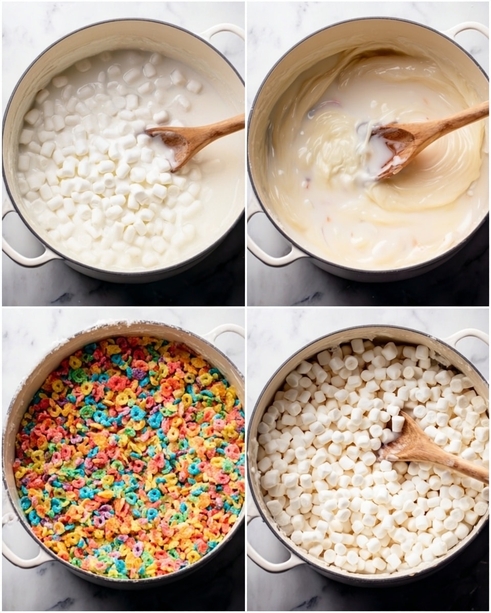 The image shows a stack of three square-shaped colorful cereal bars with visible layers of white marshmallow mixed with bright pieces of red, yellow, orange, green, blue, and purple cereals throughout. The bars have a sticky and soft texture, with some marshmallow strings connecting the cereal bits. The stack is placed on a brown wooden cutting board, with scattered colorful cereal pieces and white marshmallows around it. The background is a white marbled texture, and the bright colors of the cereal stand out against the simple setting. Photo taken with an iphone --ar 4:5 --v 7