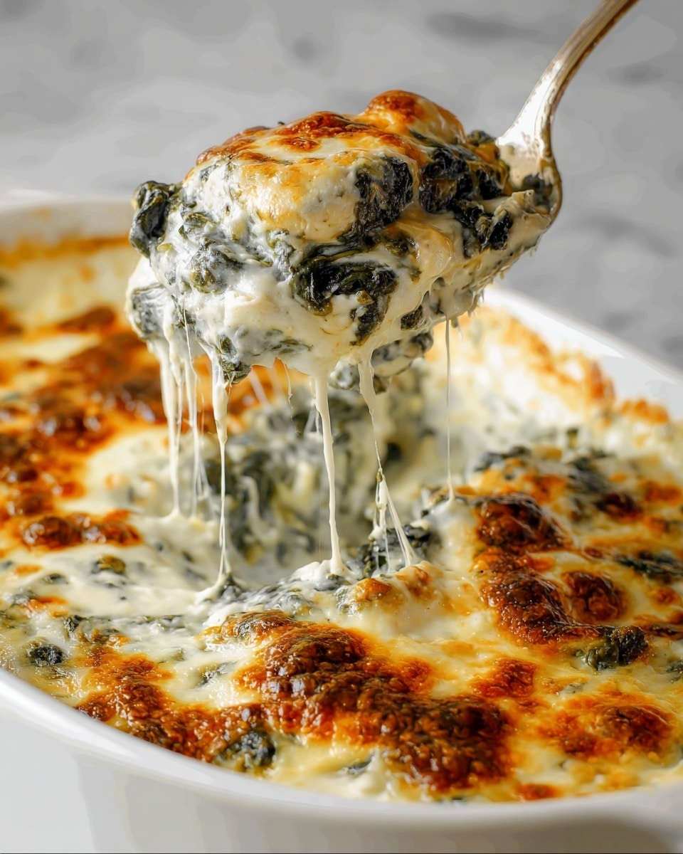 A white oval dish filled with a creamy, cheesy casserole that has a golden brown top layer with bubbling melted cheese. The top layer is richly browned in spots, showing a mix of light and dark golden colors. Below this crispy top, there are thick layers of white creamy cheese sauce mixed with dark green leafy vegetables, likely spinach, with a stretchy texture as a spoon lifts a portion out. The casserole surface is smooth and dense, with stringy cheese stretching down toward the dish. The background is a white marbled texture. photo taken with an iphone --ar 4:5 --v 7