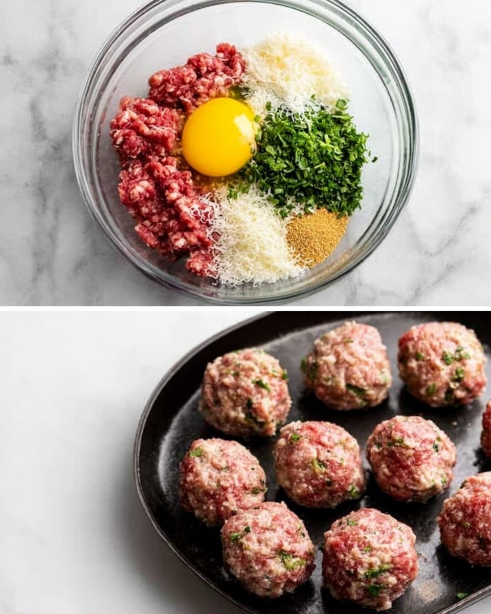 The first image shows a clear glass bowl on a white marbled surface, filled with different ingredients layered together: red raw ground meat at the bottom, topped with a yellow egg yolk on the left side, white grated cheese on the top right, green chopped herbs in the center, and light brown garlic or spice powder scattered around. The second image shows several round raw meatballs placed on a black tray, each meatball having a smooth texture with small bits of green herbs visible inside. Photo taken with an iphone --ar 4:5 --v 7