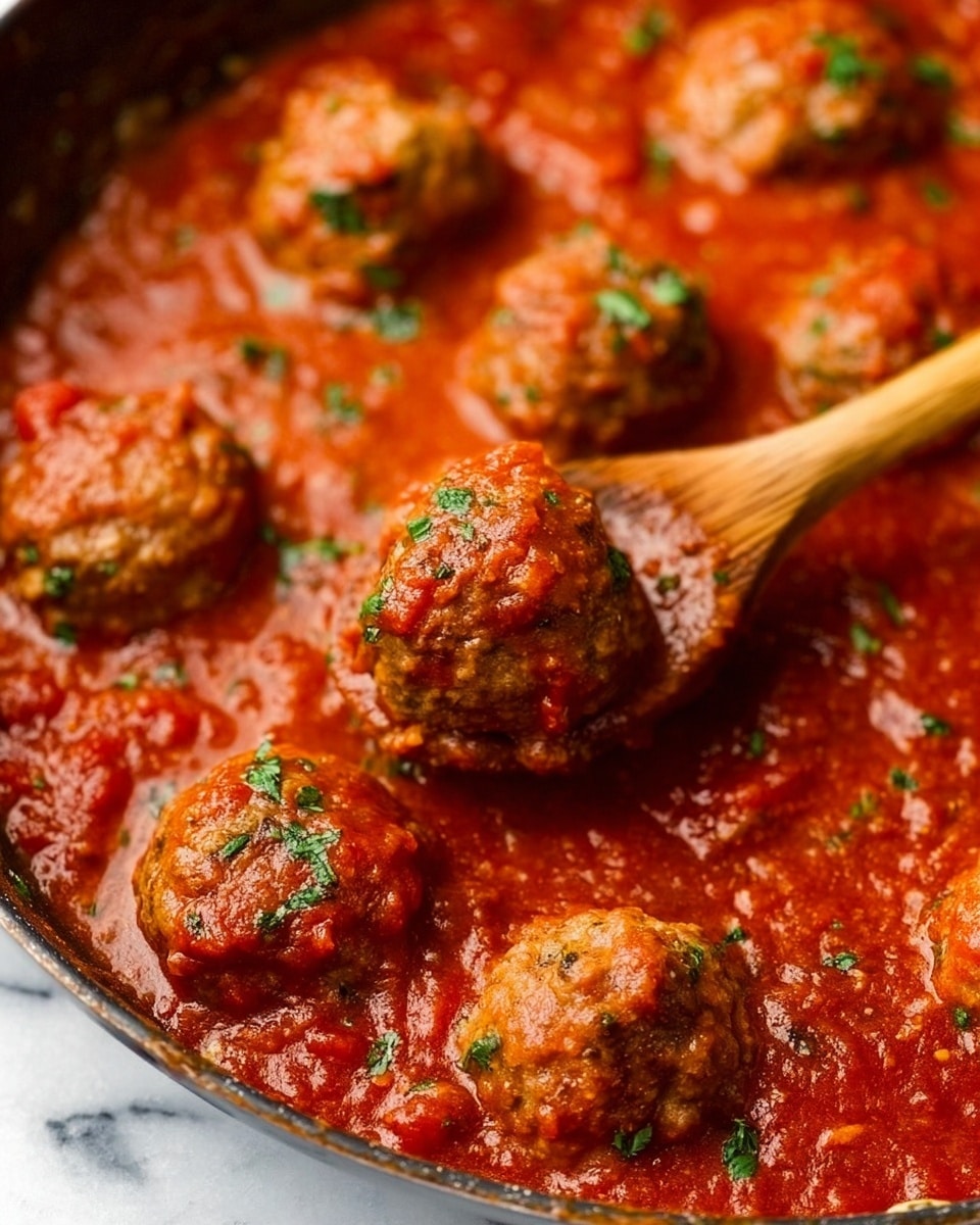 The image shows several round meatballs in a thick, rich red tomato sauce with visible chunks of tomatoes and small bits of herbs scattered on top. The sauce looks textured with a mix of smooth and chunky parts, and the meatballs have a slightly browned surface with green herbs sprinkled on them. A wooden spoon is partly lifting one meatball from the sauce, showing its moist and tender inside. The entire scene is set against a white marbled surface. photo taken with an iphone --ar 4:5 --v 7