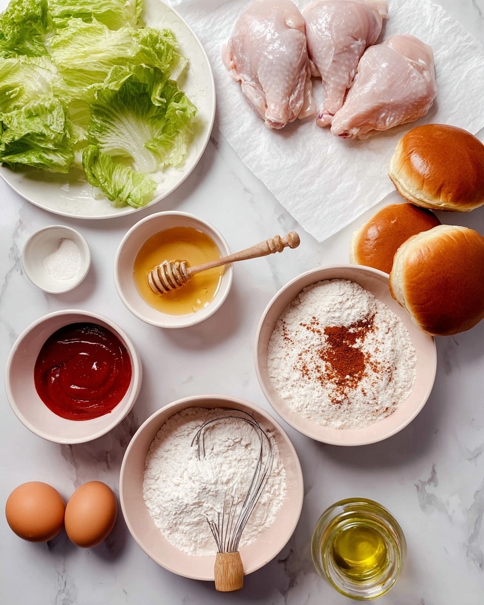 The image shows ingredients for making chicken sandwiches arranged on a white marbled surface. On the left, there are three raw light pink chicken pieces laid on white paper. Above them is a white plate with fresh green lettuce leaves. Next to the chicken, there is a white bowl with two raw eggs showing bright yellow yolks. Toward the right, a pink bowl contains a mix of white flour and reddish-brown spices, with a metal whisk resting inside. Below it, another pink bowl is filled with white powder, likely flour or cornstarch. To the upper right, there are six white sandwich buns with one bun open, showing its soft beige inside. Near the buns, a small glass jar with a golden liquid, probably oil, sits next to a white container holding honey and a wooden honey dipper. Next to the chicken is a white bowl with a reddish sauce. photo taken with an iphone --ar 4:5 --v 7