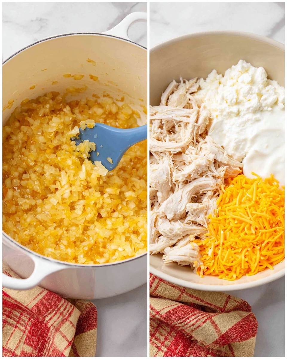 Two images side by side show the cooking process in a white pot on a white marbled surface. The left image has a woman’s hand stirring finely chopped garlic in melted butter, the garlic is yellowish and glossy, with a blue spatula partly visible. The right image shows the inside of the same pot divided into four neat parts: white cottage cheese in the top left, smooth white sour cream in the top right, shredded cooked chicken with a light brown color in the bottom left, and shredded orange cheddar cheese in the bottom right. The pot is clean and bright, with a cloth partly visible underneath. photo taken with an iphone --ar 4:5 --v 7