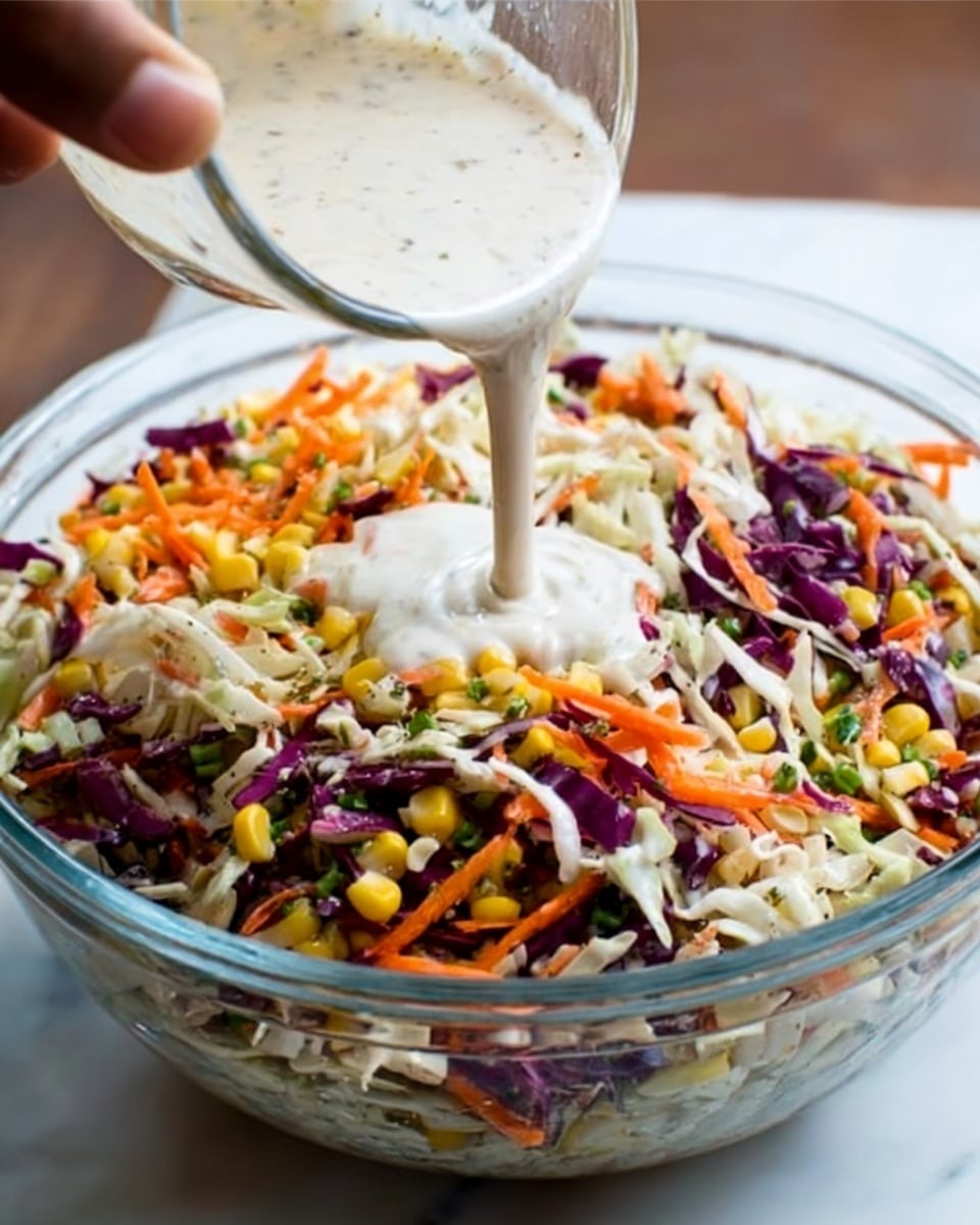 The image shows a clear glass bowl filled with a colorful salad made up of finely shredded white and purple cabbage, orange carrot pieces, yellow corn kernels, and small green herb bits scattered throughout. A woman's hand is pouring a thick, creamy white dressing in the center, creating a smooth pool on top of the salad. The bowl sits on a white marbled surface, and the scene is well-lit, highlighting the fresh, vibrant colors and varied textures of the salad ingredients. photo taken with an iphone --ar 4:5 --v 7