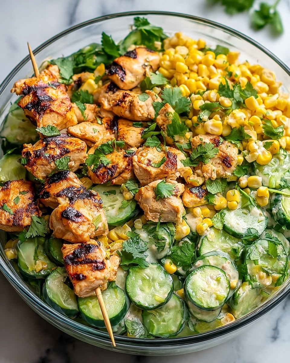 A close-up of a golden spoon held by a woman's hand with white nail polish, lifting a colorful salad from a clear glass bowl. The salad has three main layers: bright yellow corn kernels, light green cucumber slices with dark green skin, and bits of finely chopped red onion mixed with fresh green herbs, all coated in a creamy, light orange dressing. In the blurred background is a white bowl with a similar creamy dressing being stirred, a whole green lime, and some fresh green herbs, all on a white marbled surface. Photo taken with an iphone --ar 4:5 --v 7