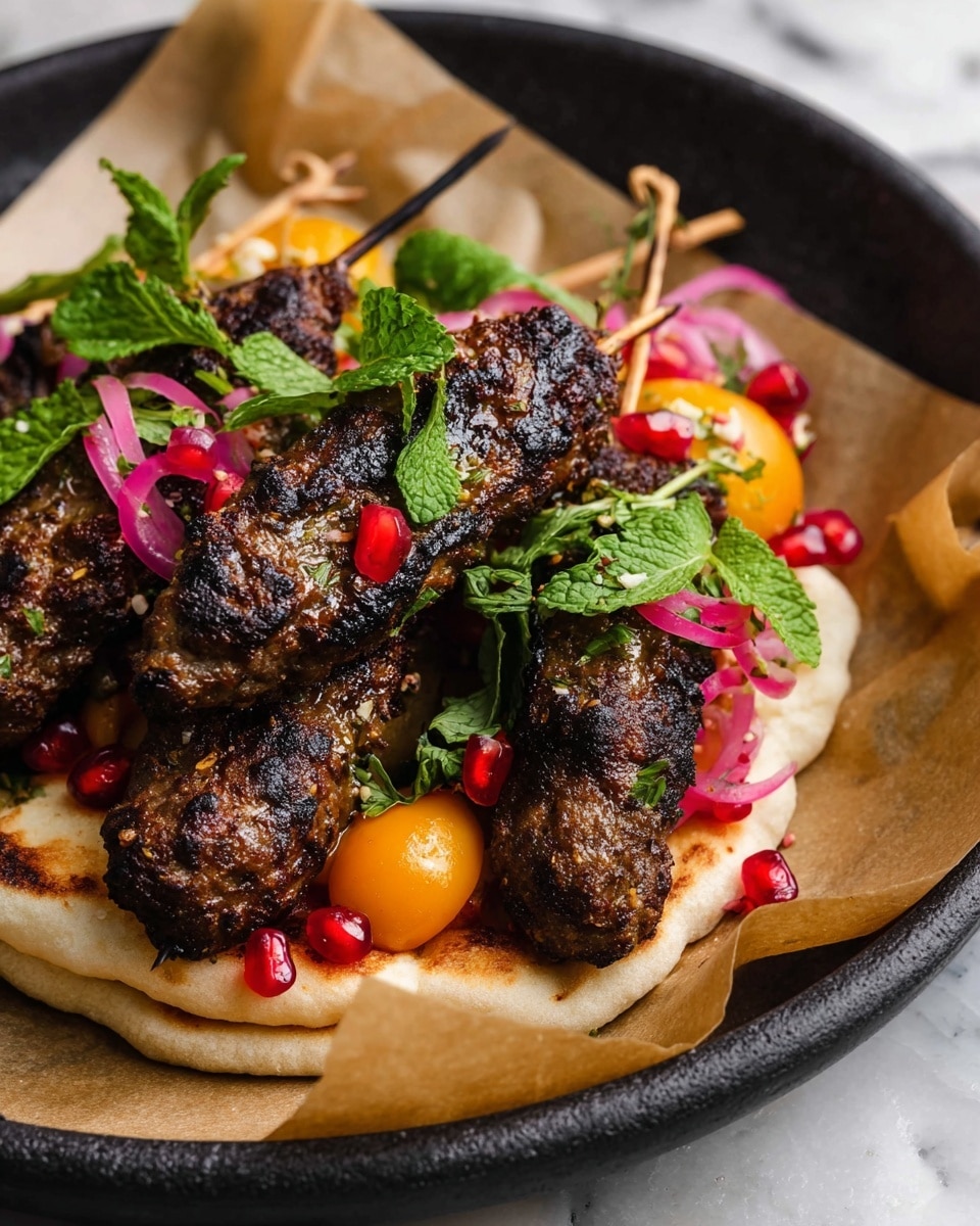 The image shows a close-up of four dark brown grilled meat skewers with a slightly charred texture, placed on flatbread with a light beige color and soft texture. The skewers are topped with bright green fresh cilantro and mint leaves and shiny red pomegranate seeds. Around the skewers, there are small orange and yellow tomato slices and thin slices of pickled red onions with a pale pink color. The dish is served in a deep black plate lined with brown paper, all set on a white marbled surface. Photo taken with an iphone --ar 4:5 --v 7