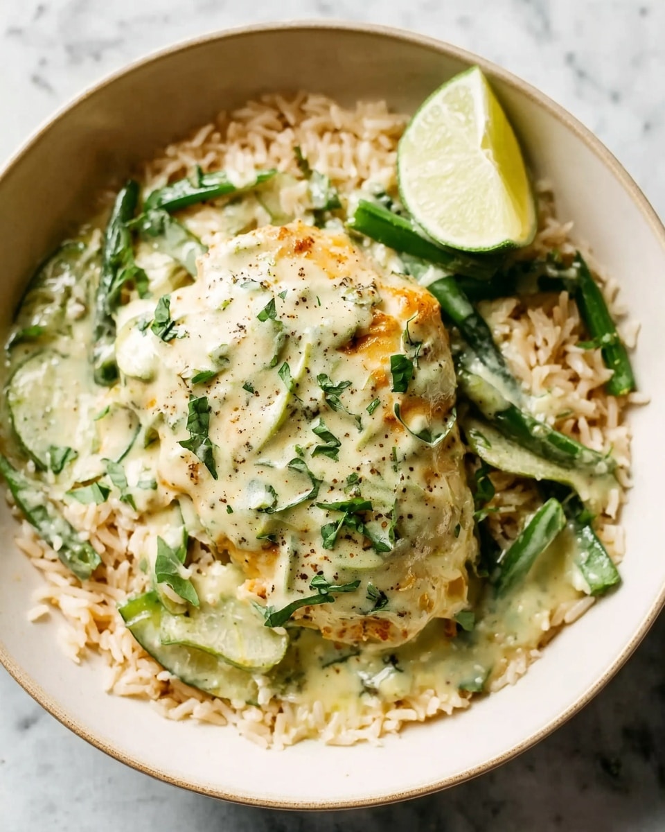 The dish shows a white bowl filled with a bed of light brown rice as the base layer, topped with a piece of light golden chicken covered in a creamy pale green sauce. The sauce has visible green herbs and pepper sprinkled on it. There are sliced green vegetables mixed in the sauce around the chicken. A wedge of lime is placed on the edge of the bowl. The bowl sits on a white marbled surface. photo taken with an iphone --ar 4:5 --v 7