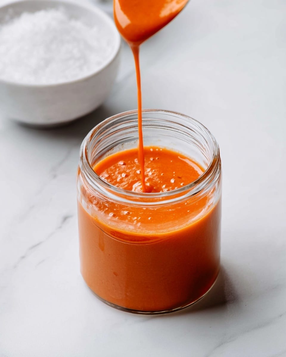 A clear glass jar filled with bright orange sauce is the main focus, with a steady stream of the same sauce being poured into it from above, creating a smooth surface on top with small bubbles and a thick texture. The jar sits on a white marbled surface, and behind it, there is a white bowl filled with coarse salt, slightly out of focus. The colors are soft and natural, highlighting the vibrant orange sauce. The image has a clean and simple look. photo taken with an iphone --ar 4:5 --v 7