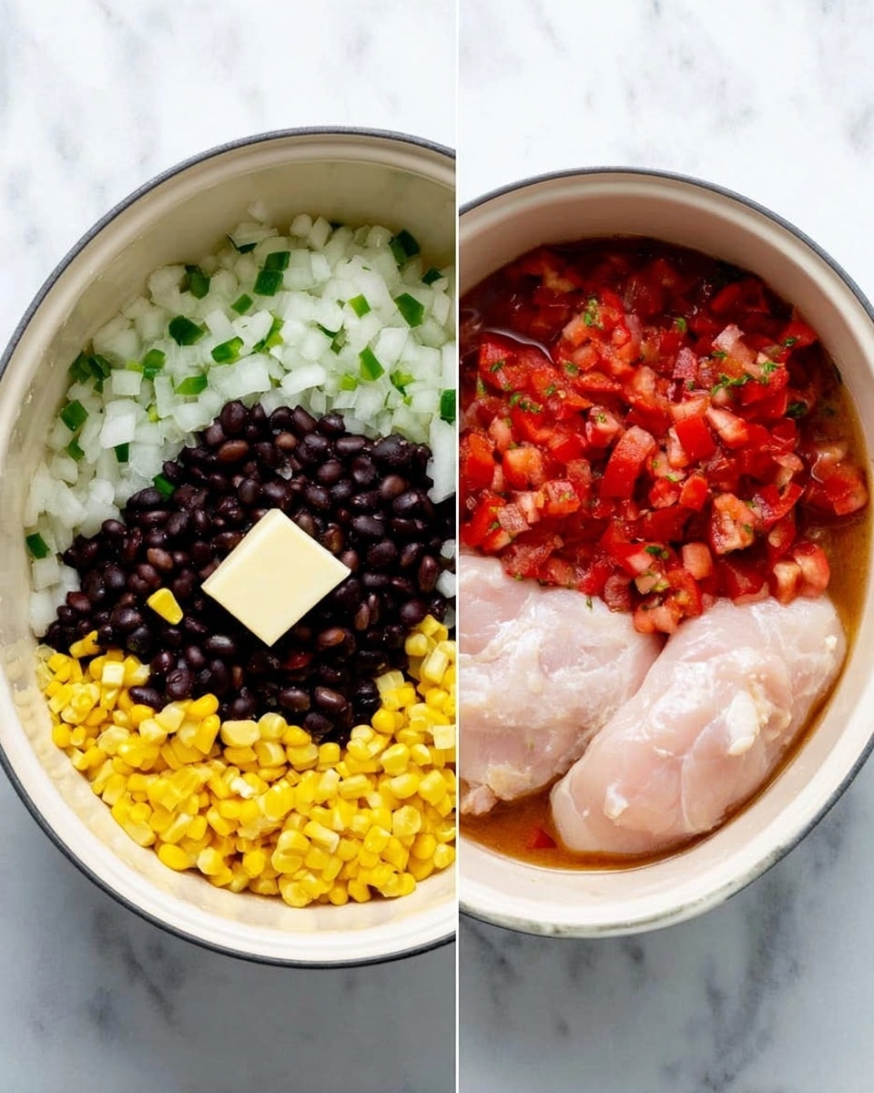 The image shows two round white pots placed on a white marbled surface. The first pot contains a layer of chopped white onions mixed with pieces of green peppers and a small square of butter in the center. The second pot is filled with four distinct sections: cooked black beans in the upper left, yellow corn kernels below the beans, diced red tomatoes in the bottom right, and a raw light pink chicken breast on the upper right, all resting in a reddish sauce. photo taken with an iphone --ar 4:5 --v 7