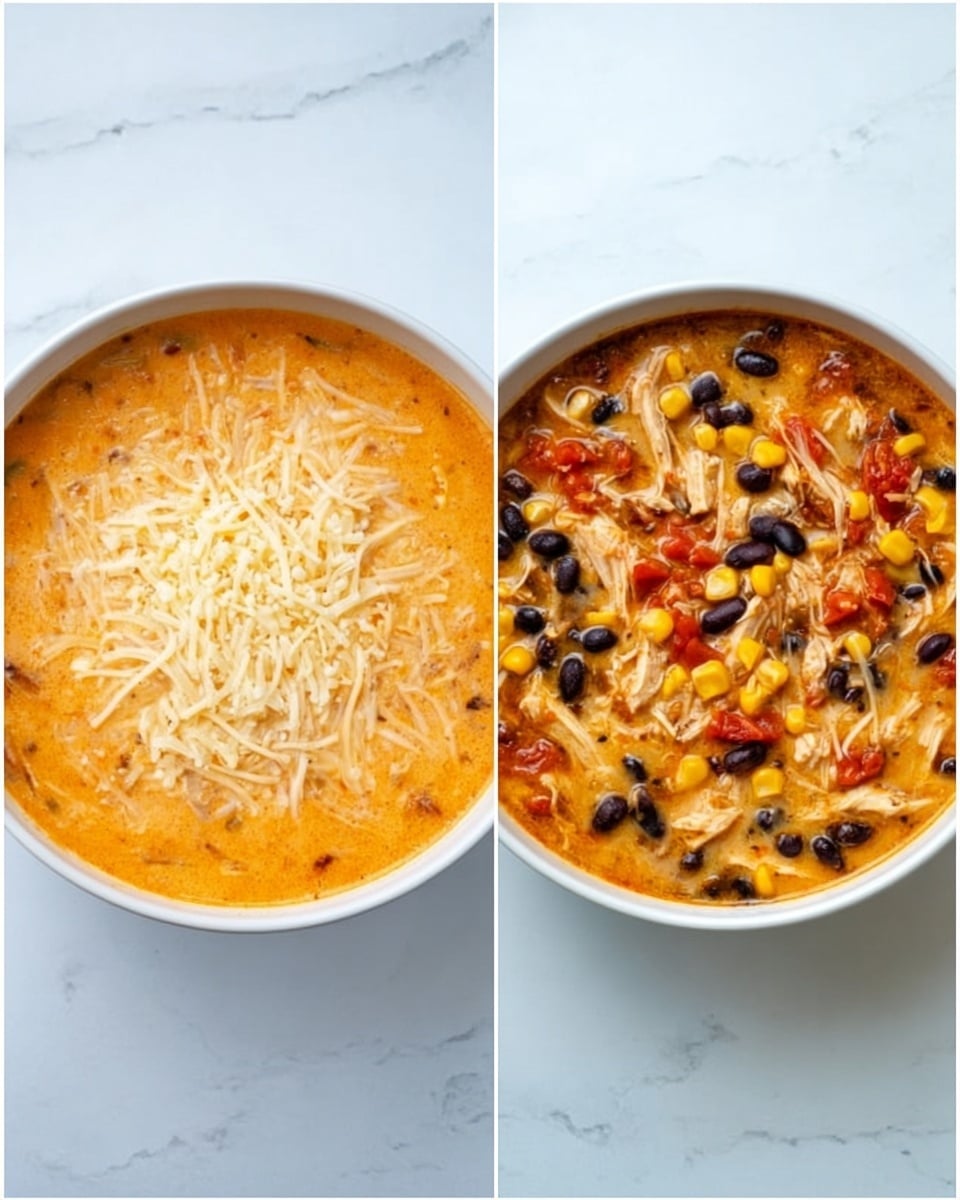 The image shows two white bowls placed side by side on a white marbled surface. The left bowl contains a creamy orange soup topped with a layer of shredded cheese that is light yellow and white, evenly spread across the surface. The soup base beneath the cheese appears smooth with a slight texture of small bits in it. In the right bowl, the soup is without the cheese and reveals layers of shredded chicken, black beans, corn kernels, and diced tomatoes, all mixed in a thick, creamy orange broth. The ingredients are well distributed, showing a colorful and textured mix with the yellow corn, black beans, and red tomato pieces visible on top. photo taken with an iphone --ar 4:5 --v 7