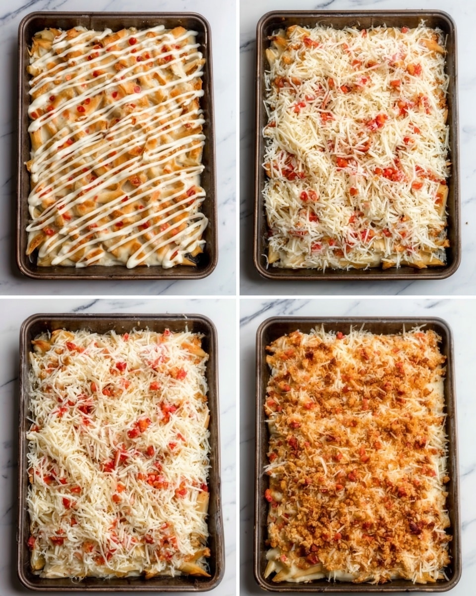 The image shows a four-panel step-by-step view of a baking tray on a white marbled surface. In the top left panel, there is a layer of golden-brown baked dish with a crisscross pattern of white sauce drizzled over it. The top right panel shows the same tray now topped with a thick layer of shredded white cheese and small pieces of red and white food spread evenly. The bottom left panel adds more shredded white cheese and red pieces spread liberally on top of the previous layer. The bottom right panel features the finished look with a golden-brown crispy topping mixed with small bits of red and white, covering the cheese and other ingredients underneath, giving a textured and crunchy appearance. Photo taken with an iphone --ar 4:5 --v 7
