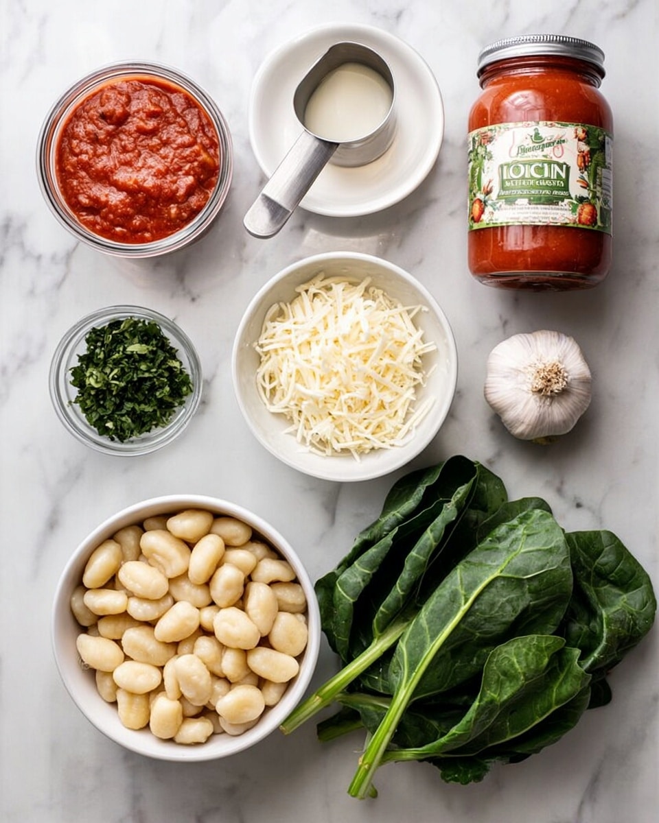 The image shows six white bowls and one glass jar placed on a white marbled surface. The largest bowl in the center holds plump, pale, round gnocchi, which fills the bowl fully. Below the center bowl is a smaller white bowl filled with light beige white beans, some overlapping the edges. To the right of the gnocchi bowl is a white bowl with large, vibrant green leafy vegetables, their stems visible. Above the beans is a small white bowl containing roughly chopped fresh green herbs. Above the green leaves is a measuring cup filled with shredded mozzarella cheese, white and finely textured. Between the shredded cheese and tomato sauce jar is a small stainless steel measuring cup containing a smooth, white creamy liquid, and next to it is a whole head of garlic. To the right edge stands a tall glass jar of bright red tomato sauce labeled