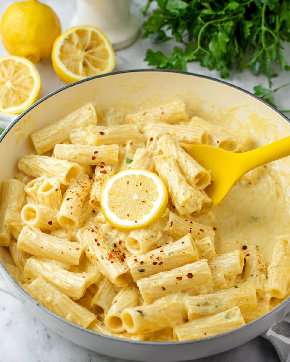 A close-up view of rigatoni pasta covered with creamy yellow sauce, with a few small pieces of chopped green herbs sprinkled on top. Thin lemon slices are placed on the side, adding a fresh look to the dish. The pasta pieces have a smooth texture and are arranged in a shallow white bowl, sitting on a white marbled surface. The sauce looks thick and smooth, evenly coating the pasta. Photo taken with an iphone --ar 4:5 --v 7