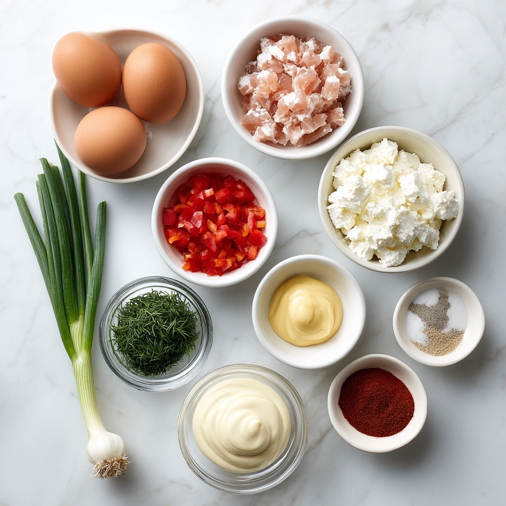 The image shows nine separate small white bowls arranged on a white marbled surface, each bowl holding a different ingredient. Starting from the top left, there is a white bowl with two brown eggs, next to it on the right is a white bowl filled with light pink tuna chunks. Below the eggs is a long green onion with a white bulb placed directly on the marble, and to its right is a white bowl containing white cottage cheese with a slightly wet texture. Next to the cottage cheese is a bowl with small red diced bell pepper pieces. Below the green onion is a clear glass bowl of chopped green dill, to the right of that is a white bowl with white mayo. Below the dill and mayo bowls is a white bowl containing two dollops—pale yellow dijon mustard on the left and bright red tomato paste on the right. Finally, to the bottom right corner is a white shallow bowl divided into four sections holding black pepper, red paprika, beige garlic powder, and a small pile of salt. Photo taken with an iphone --ar 4:5 --v 7