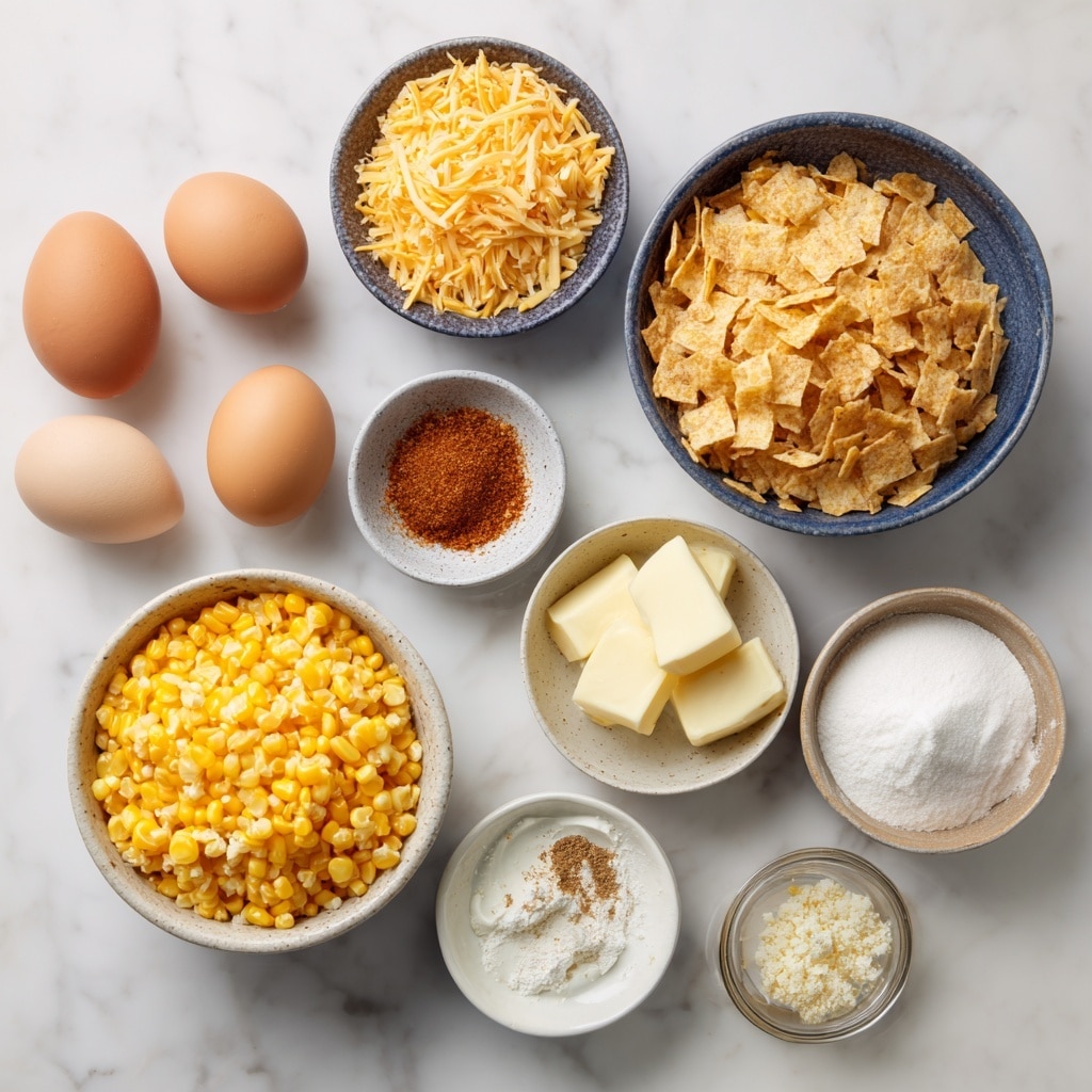 A rectangular clear glass dish holds a creamy corn casserole with two main layers. The bottom layer is a pale yellow creamy mixture with whole yellow corn kernels mixed in. The top layer is a golden brown crunchy topping made of small and large crispy cracker pieces. The top layer covers the casserole fully and has an uneven, crumbly texture. One corner of the dish is scooped out, showing both layers clearly with the creamy sauce pooling slightly at the bottom. The dish sits on a white marbled surface with some green leafy herbs blurred in the background. photo taken with an iphone --ar 4:5 --v 7