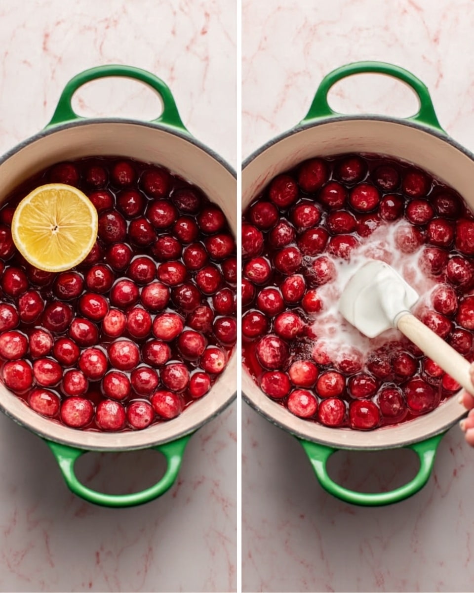 The image shows two side-by-side photos of a large white pot with green handles on a white marbled surface. The pot is filled with small round red berries and a lemon slice placed near the edge on the left side. In the second photo, a woman's hand is holding a white spatula stirring in a thick white substance added on top of the berries. The red berries look shiny and plump, and the lemon slice adds a touch of yellow contrast. Photo taken with an iphone --ar 4:5 --v 7