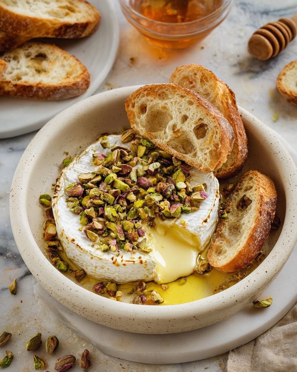 A white ceramic bowl holds a warm wheel of soft cheese with a white rind, topped with chopped pistachios that add green and brown specks. The cheese is partially melted, showing creamy yellow cheese inside. Around and partially inside the cheese are three slices of toasted bread with a golden-brown crust and soft, airy texture. The bowl sits on a white marbled surface with some pistachios scattered nearby. In the background, part of a white plate with more toasted bread slices and a small bowl filled with amber honey and a wooden honey dipper are visible. Photo taken with an iphone --ar 4:5 --v 7