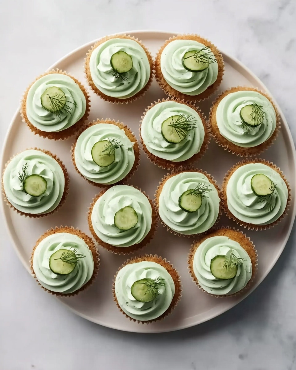 A round white plate with a dozen light brown cupcakes arranged close together on a white marbled surface. Each cupcake has a swirl of pale green frosting on top, smooth and slightly thick, with a small green pickle slice placed in the center of the frosting. A tiny sprig of fresh dill rests beside each pickle slice, adding texture and a pop of darker green. The cupcakes are evenly spaced in a neat, circular pattern. photo taken with an iphone --ar 4:5 --v 7